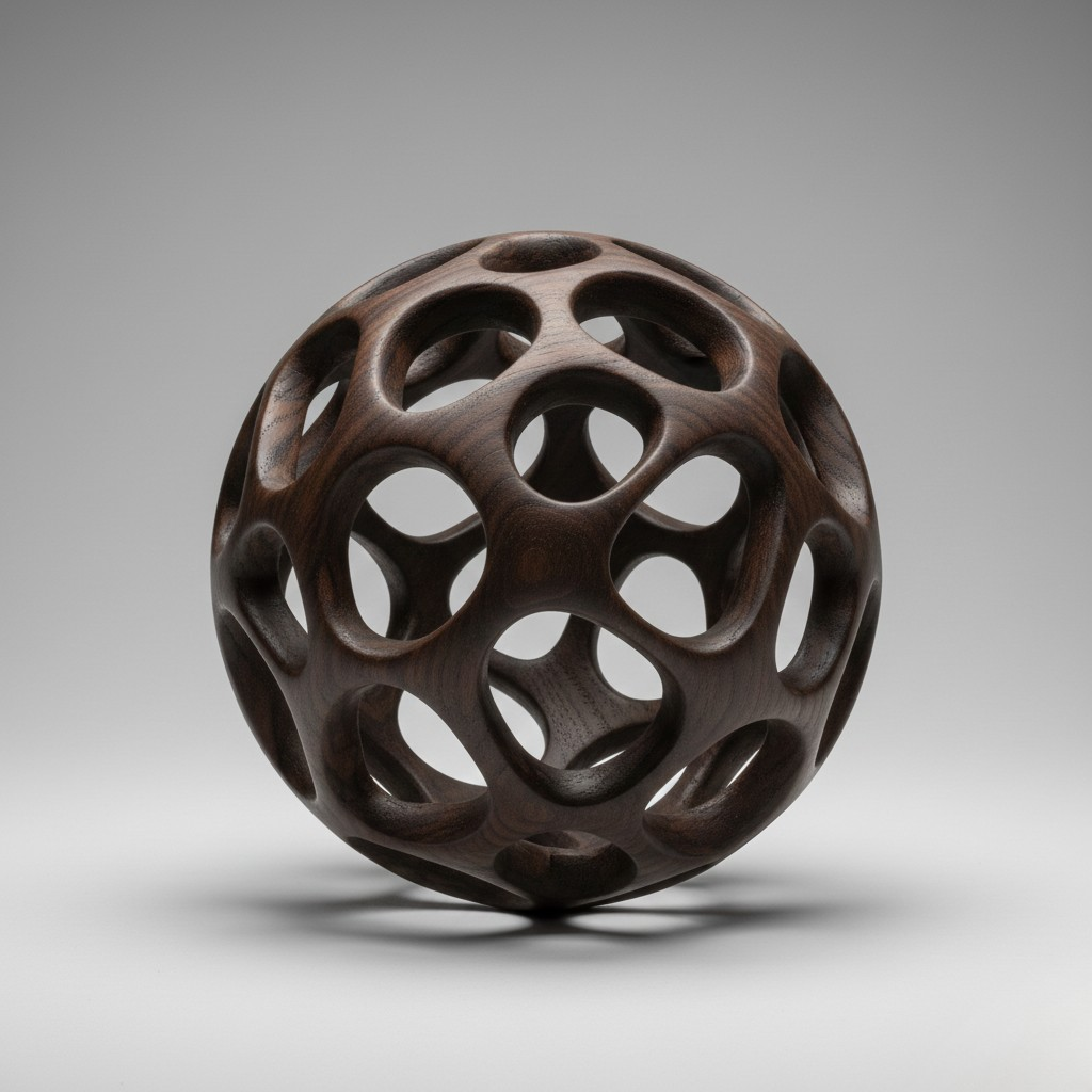Organic Carved Wood Sphere Sculpture