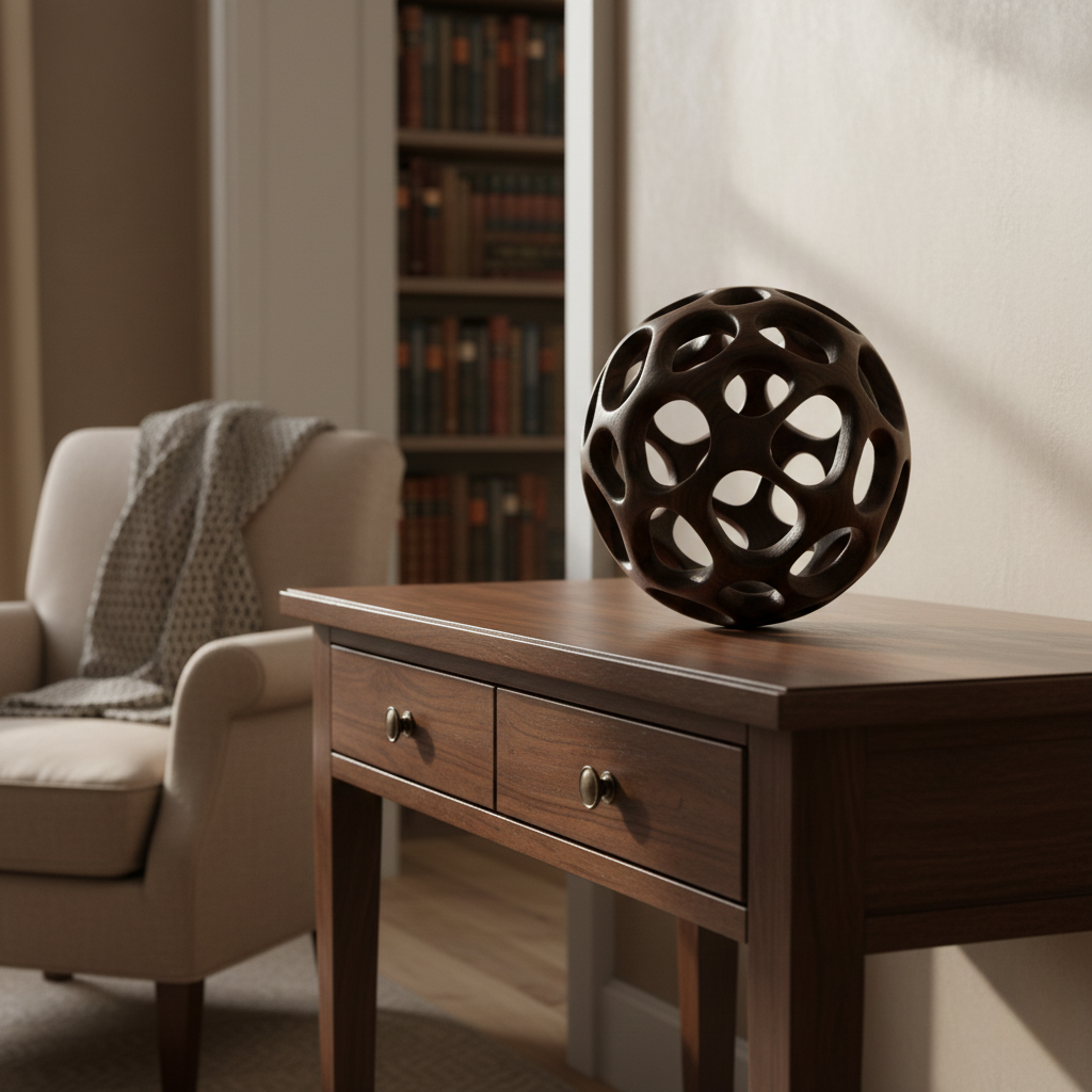 Organic Carved Wood Sphere Sculpture